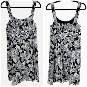 LOFT Women’s Empire Waist Dress Navy/White/Blue Floral‎ Strappy Layered Pleats 8